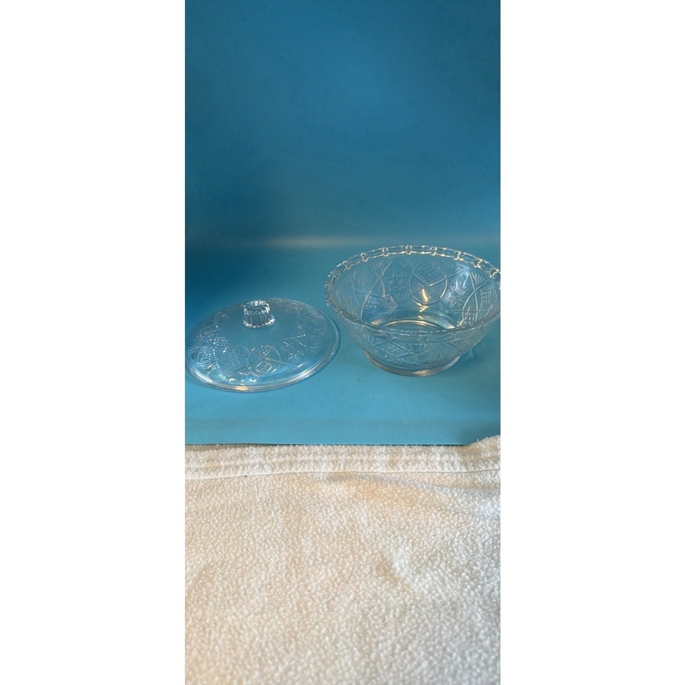 Vintage Clear Glass Candy Dish with Matching Lid Pressed Star Pattern